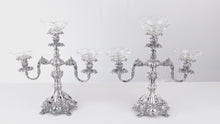 Load and play video in Gallery viewer, Pair of Reed and Barton Renaissance Silver Candelabras with Glass Holders