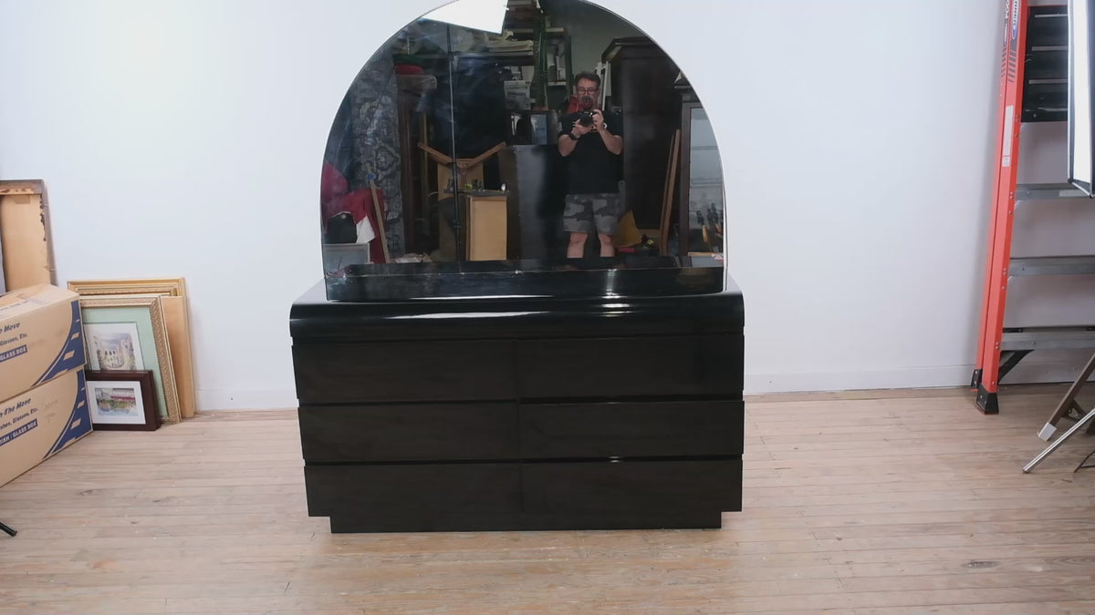 Postmodern Black Lacquer Dresser with Mirror Waterfall Front 6 Drawer