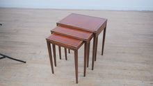 Load and play video in Gallery viewer, “The Wexford Trio” – Vintage Leather-Top Nesting Tables with Gold Tooling