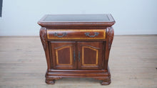 Load and play video in Gallery viewer, Grande Forme Élégante Serving Cabinet by Havertys – Stone Top, Acanthus Carving, Multi-Use Storage