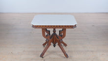 Load and play video in Gallery viewer, Victorian Eastlake Marble-Top Foyer Table – Walnut Base with Carved Diamond Skirt