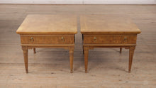 Load and play video in Gallery viewer, Pair of Wide Mid Century Burled Side Tables - American of Martinsville
