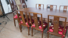 Load and play video in Gallery viewer, Oriental Dragon & Phoenix Dining Set – 8 Chairs, Carved Skirt, Sunburst Top – Rare & Remarkable