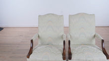 Load and play video in Gallery viewer, Pair of Elegant Armchairs with Radiant Neopolitan Wave Upholstery – One-of-a-Kind
