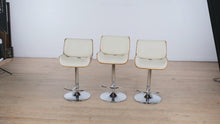 Load and play video in Gallery viewer, Set of 3 Santi Adjustable Barstools – Walnut & Cream with Chrome Base