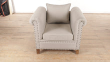 Load and play video in Gallery viewer, Kaitlyn Mango Wood Solid Parquet Arm Chair in Linen Fabric by AFD Home