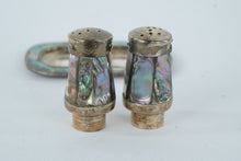 Load image into Gallery viewer, Vintage Mexican Alpaca Silver & Abalone Salt & Pepper Shakers with Tray β Mid-Century Handmade
