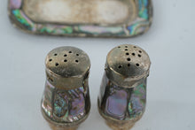 Load image into Gallery viewer, Vintage Mexican Alpaca Silver & Abalone Salt & Pepper Shakers with Tray β Mid-Century Handmade