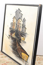 Load image into Gallery viewer, Mid Century Boats on the Dock by Brent - Oil on Canvas signed Brent