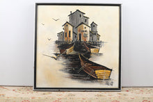 Load image into Gallery viewer, Mid Century Boats on the Dock by Brent - Oil on Canvas signed Brent