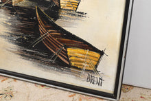Load image into Gallery viewer, Mid Century Boats on the Dock by Brent - Oil on Canvas signed Brent