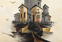 Load image into Gallery viewer, Mid Century Boats on the Dock by Brent - Oil on Canvas signed Brent