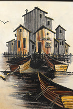 Load image into Gallery viewer, Mid Century Boats on the Dock by Brent - Oil on Canvas signed Brent