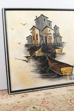 Load image into Gallery viewer, Mid Century Boats on the Dock by Brent - Oil on Canvas signed Brent