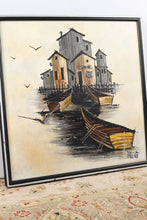 Load image into Gallery viewer, Mid Century Boats on the Dock by Brent - Oil on Canvas signed Brent