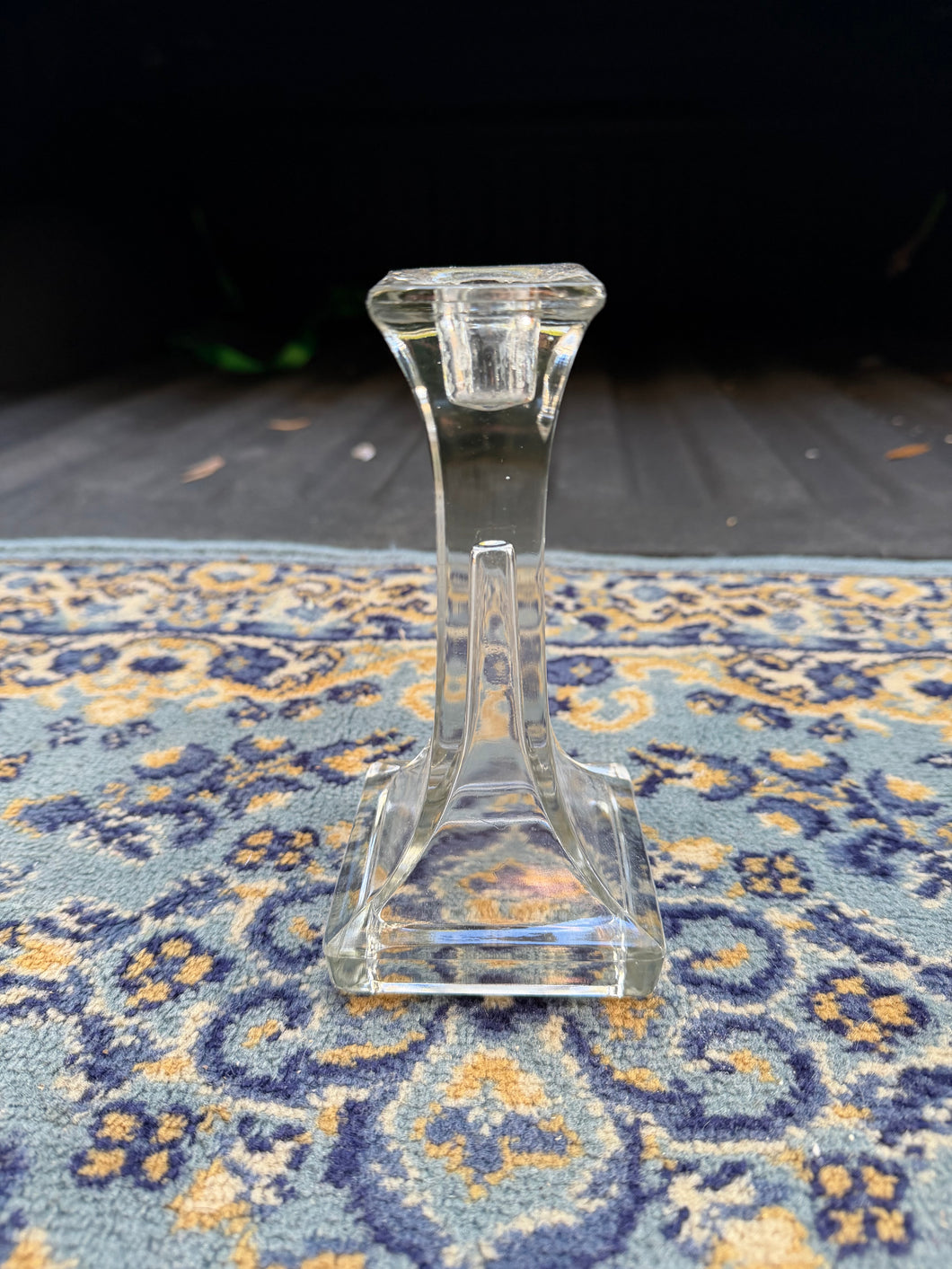 Vintage Clear Glass Candlestick Holder – Square Base Taper Candle Stand