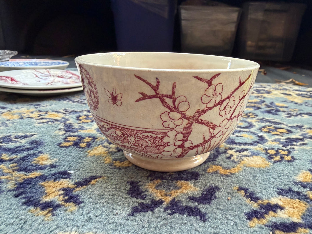 Antique Red Transferware Bowl – Birds & Blossoms Pattern, Victorian Aesthetic Movement, c.1880s