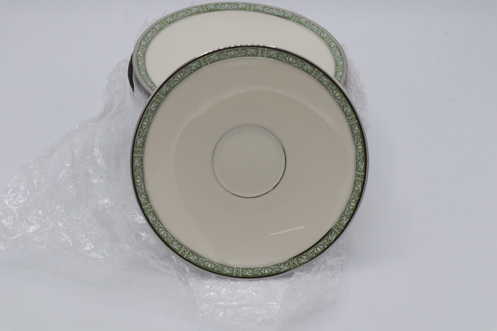 Lenox Adrienne Saucer Plates – Set of 10 – Green & Platinum Trim – Made in USA