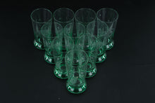Load image into Gallery viewer, Etched Glass Shot Glasses Green Footed Base Floral Design Set of 10
