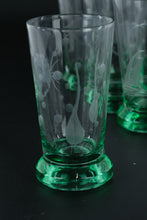 Load image into Gallery viewer, Etched Glass Shot Glasses Green Footed Base Floral Design Set of 10
