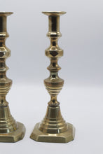 Load image into Gallery viewer, Pair Brass Candlesticks 11 Inch Turned Baluster Square Bases
