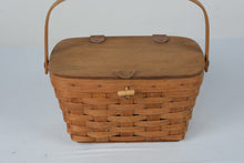 Load image into Gallery viewer, Longaberger 1985 Vintage Handwoven Basket with Hinged Wood Lid and Swing Handle
