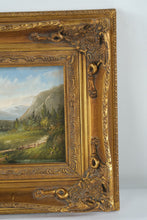 Load image into Gallery viewer, Antique Landscape Oil Painting Ornate Gold Frame Pastoral Mountain Scene
