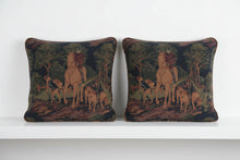 Load image into Gallery viewer, Vintage Tapestry Hunting Scene Throw Pillows Pair Horse Rider Dogs 14 Inch
