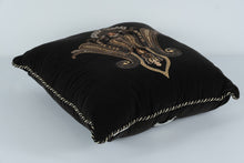 Load image into Gallery viewer, Raymond Waites 16&quot; Embroidered Velvet Throw Pillow – Luxe Black Velvet with Metallic Threadwork
