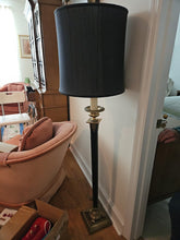 Load image into Gallery viewer, Brass &amp; Black Column Floor Lamp with Drum Shade – Classic Mid-Century Elegance
