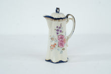 Load image into Gallery viewer, Vintage Porcelain Tea Set Floral Blue Trim Pitcher and 4 Cups Est 1828 Mark
