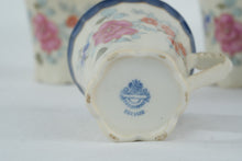 Load image into Gallery viewer, Vintage Porcelain Tea Set Floral Blue Trim Pitcher and 4 Cups Est 1828 Mark
