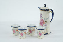 Load image into Gallery viewer, Vintage Porcelain Tea Set Floral Blue Trim Pitcher and 4 Cups Est 1828 Mark
