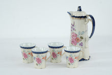 Load image into Gallery viewer, Vintage Porcelain Tea Set Floral Blue Trim Pitcher and 4 Cups Est 1828 Mark

