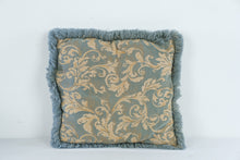 Load image into Gallery viewer, 18 Inch Blue Gold Damask Throw Pillow Fringe Trim Traditional Decor
