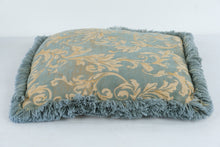Load image into Gallery viewer, 18 Inch Blue Gold Damask Throw Pillow Fringe Trim Traditional Decor
