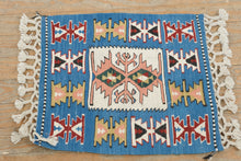Load image into Gallery viewer, Southwestern Geometric Handwoven Wool Rug Blue Pink Tribal Textile 18x21
