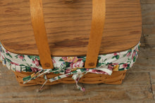 Load image into Gallery viewer, Longaberger Handwoven Picnic Basket w/ Floral Fabric Liner, Protector &amp; Wooden Lid – 1994
