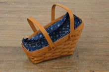 Load image into Gallery viewer, Longaberger 1994 Gathering Basket w/ Woven Traditions Blue Liner &amp; Plastic Protector – Double Swing Handles – Handwoven USA (13")
