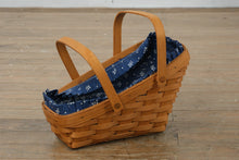 Load image into Gallery viewer, Longaberger 1994 Gathering Basket w/ Woven Traditions Blue Liner &amp; Plastic Protector – Double Swing Handles – Handwoven USA (13")
