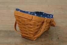 Load image into Gallery viewer, Longaberger 1994 Gathering Basket w/ Woven Traditions Blue Liner &amp; Plastic Protector – Double Swing Handles – Handwoven USA (13")
