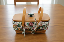 Load image into Gallery viewer, Longaberger 1996 Floral Basket Set – 12" Gathering/Serving Basket w/ Lid, Divider Protector &amp; Floral Liner
