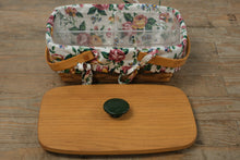 Load image into Gallery viewer, Longaberger 1996 Floral Basket Set – 12" Gathering/Serving Basket w/ Lid, Divider Protector &amp; Floral Liner
