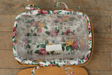 Load image into Gallery viewer, Longaberger 1996 Floral Basket Set – 12" Gathering/Serving Basket w/ Lid, Divider Protector &amp; Floral Liner
