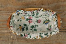 Load image into Gallery viewer, Longaberger Small Basket w/ Floral Ruffled Fabric Liner &amp; Plastic Protector – Handwoven USA (8")
