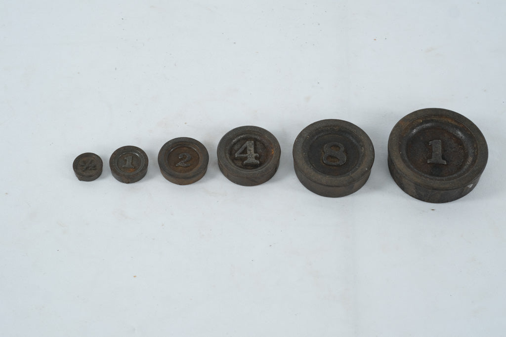 Antique Cast Iron Scale Weights Set – ½ oz to 1 lb, Trade & Apothecary Weights with Calibration Marks