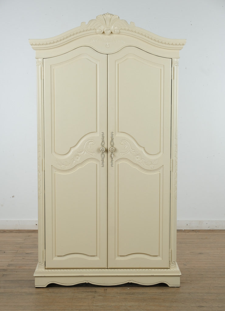 Elegant Cream Armoire by Muniré – French-Inspired Storage with Hanging Rod and Drawers