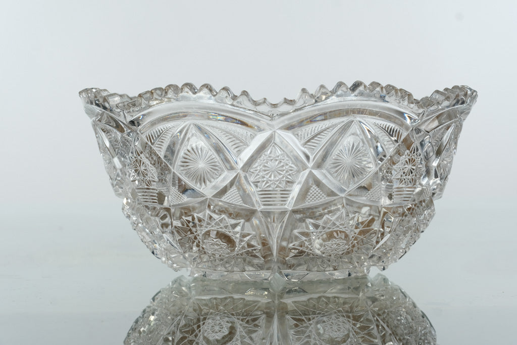 Antique EAPG Pressed Glass Bowl – Sawtooth Rim with Starburst and Fan Pattern