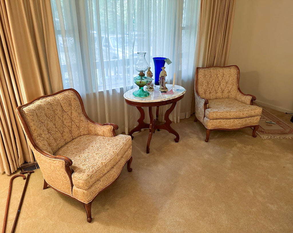 Pair of Vintage French Provincial Tufted Lounge Chairs – Floral Upholstery & Carved Wood Frames