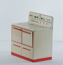 Load image into Gallery viewer, Vintage 1950s Wolverine Tin Toy Oven #1 – Red &amp; White Metal Play Stove with Opening Door
